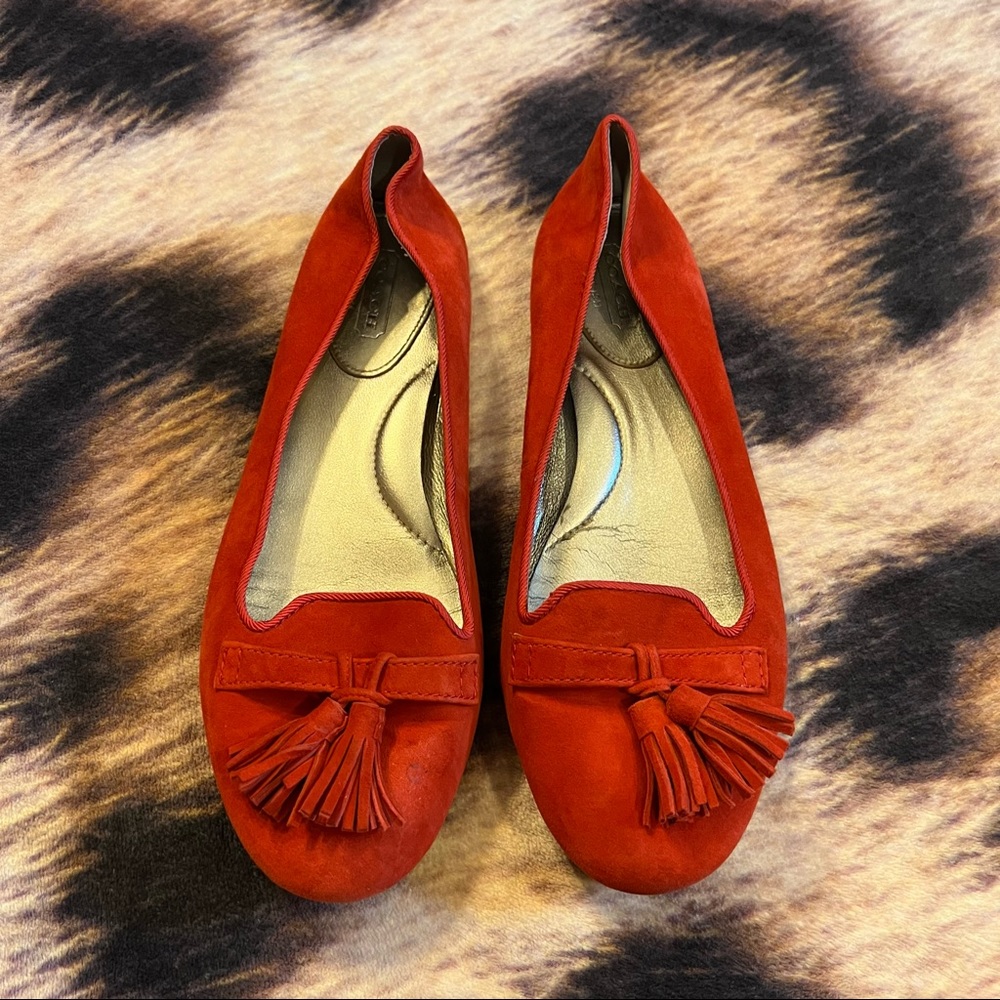 Coach Leatherware Genuine Suede Red Deedra Tassel Loafers Slip On Flats Size 8